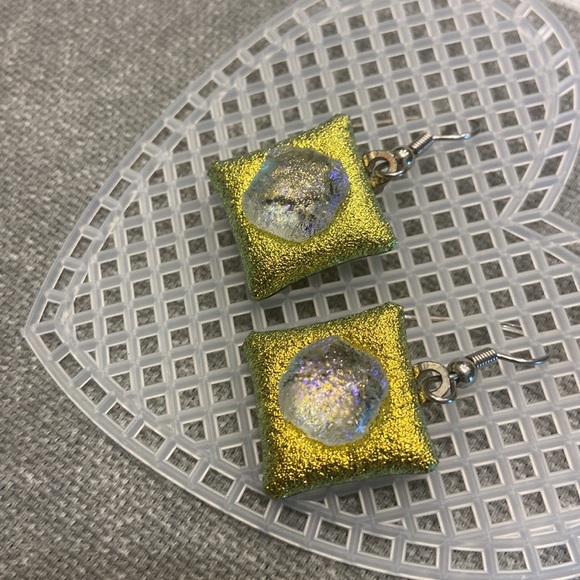 Handmade Gold and Silver Dochoic Fused Glass Dangle Earrings - Picture 2 of 3